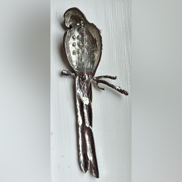 Large Tropical Parrot Bird Blue Green Guilloche Enamel Rhinestones Brooch - Picture 10 of 10